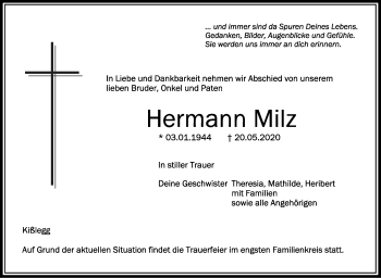 Anzeige von Hermann Milz von Schwäbische Zeitung