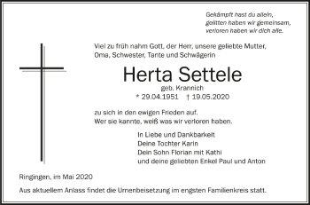 Anzeige von Herta Settele von Schwäbische Zeitung