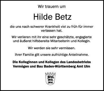 Anzeige von Hilde Betz von Schwäbische Zeitung