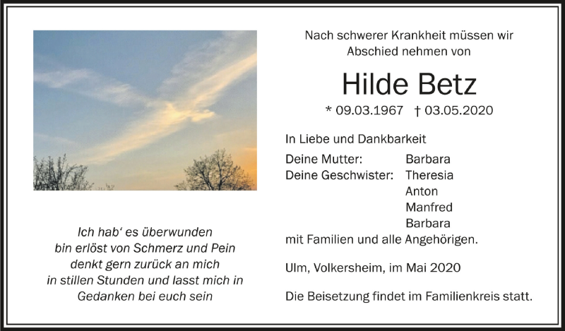  Traueranzeige für Hilde Betz vom 11.05.2020 aus Schwäbische Zeitung