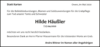 Anzeige von Hilde Häußler von Schwäbische Zeitung