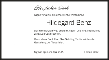 Anzeige von Hildegard Benz von Schwäbische Zeitung