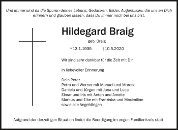 Anzeige von Hildegard Braig von Schwäbische Zeitung