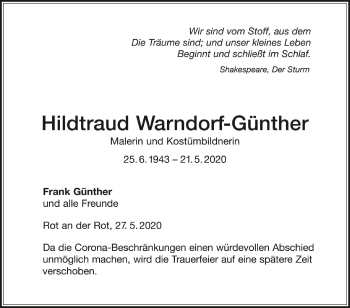 Anzeige von Hildtraud Warndorf-Günther von Schwäbische Zeitung