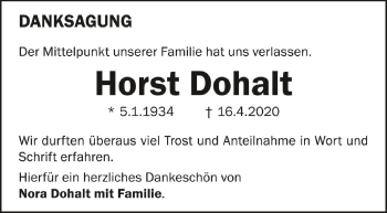 Anzeige von Horst Dohalt von Schwäbische Zeitung