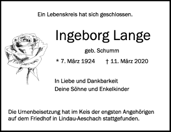 Anzeige von Ingeborg Lange von Schwäbische Zeitung