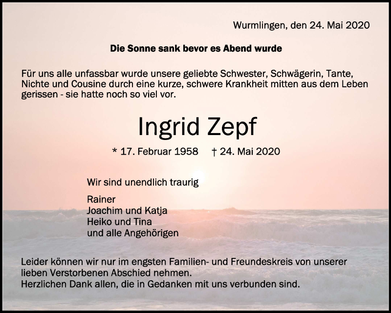  Traueranzeige für Ingrid Zepf vom 27.05.2020 aus Schwäbische Zeitung