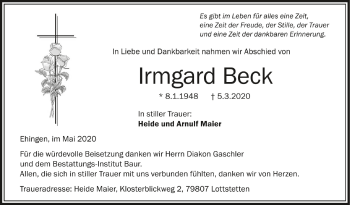 Anzeige von Irmgard Beck von Schwäbische Zeitung