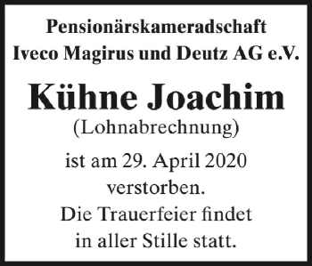 Anzeige von Joachim Kühne von Schwäbische Zeitung