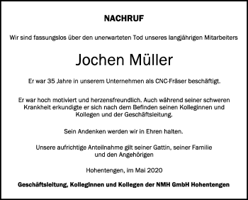 Anzeige von Jochen Müller von Schwäbische Zeitung