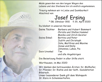 Anzeige von Josef Ersing von Schwäbische Zeitung