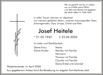 Anzeige von Josef Heitele von Schwäbische Zeitung