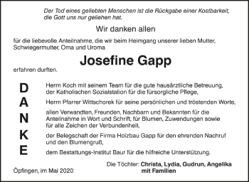 Anzeige von Josefine Gapp von Schwäbische Zeitung