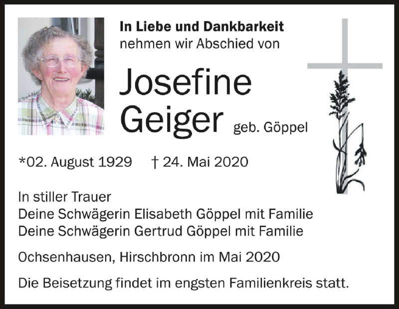 Traueranzeigen von Josefine Geiger | schwaebische.de Trauerportal
