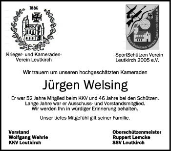 Anzeige von Jürgen Welsing von Schwäbische Zeitung