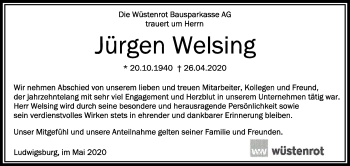 Anzeige von Jürgen Welsing von Schwäbische Zeitung