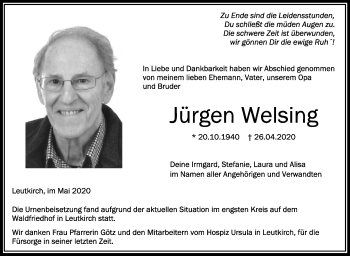 Anzeige von Jürgen Welsing von Schwäbische Zeitung