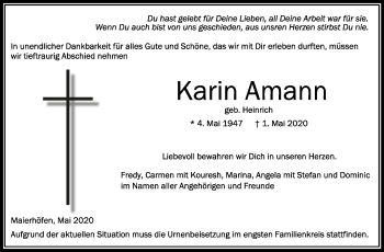Anzeige von Karin Amann von Schwäbische Zeitung