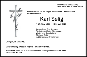 Anzeige von Karl Selig von Schwäbische Zeitung