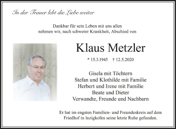 Anzeige von Klaus Metzler von Schwäbische Zeitung