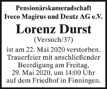 Anzeige von Lorenz Durst von Schwäbische Zeitung