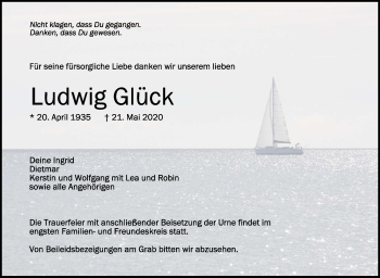 Anzeige von Ludwig Glück von Schwäbische Zeitung