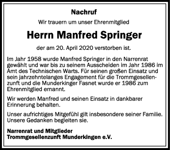 Anzeige von Manfed Springer von Schwäbische Zeitung