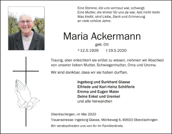 Anzeige von Maria Ackermann von Schwäbische Zeitung