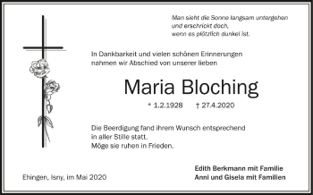 Anzeige von Maria Bloching von Schwäbische Zeitung