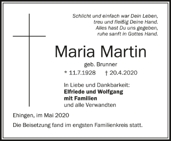 Anzeige von Maria Martin von Schwäbische Zeitung