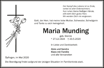 Anzeige von Maria Munding von Schwäbische Zeitung