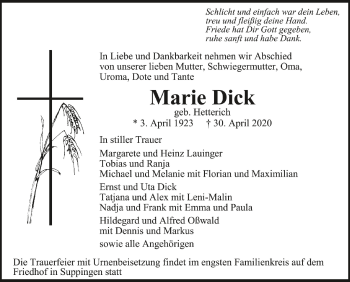 Anzeige von Marie Dick von Schwäbische Zeitung