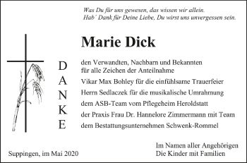 Anzeige von Marie Dick von Schwäbische Zeitung