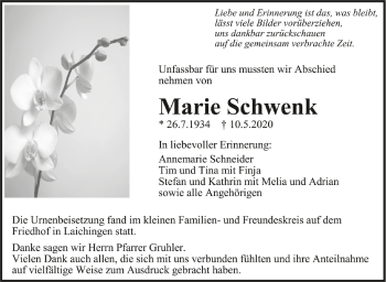 Anzeige von Marie Schwenk von Schwäbische Zeitung