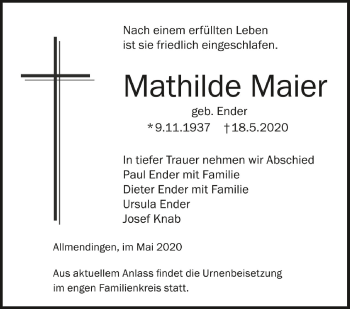 Anzeige von Mathilde Maier von Schwäbische Zeitung