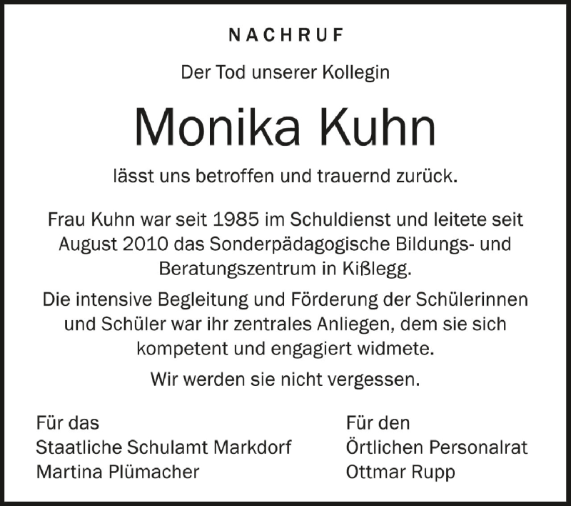  Traueranzeige für Monika Kuhn vom 09.05.2020 aus Schwäbische Zeitung
