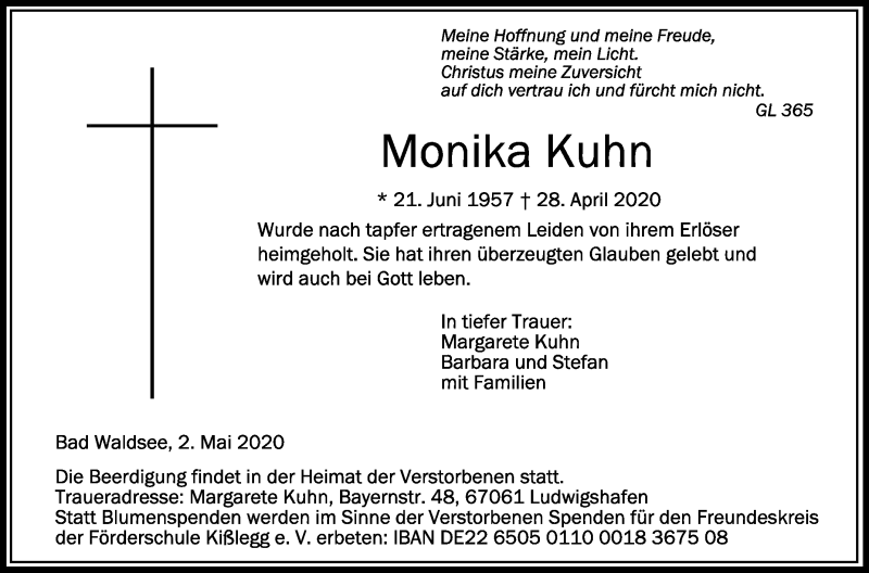  Traueranzeige für Monika Kuhn vom 02.05.2020 aus Schwäbische Zeitung