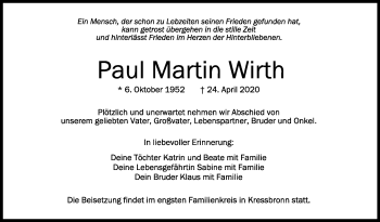 Anzeige von Paul Martin Wirth von Schwäbische Zeitung