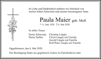 Anzeige von Paula Maier von Schwäbische Zeitung