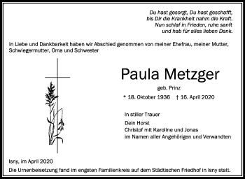 Anzeige von Paula Metzger von Schwäbische Zeitung