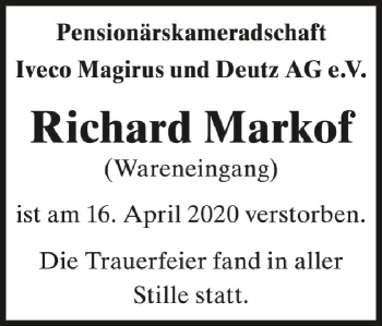 Anzeige von Richard Markof von Schwäbische Zeitung