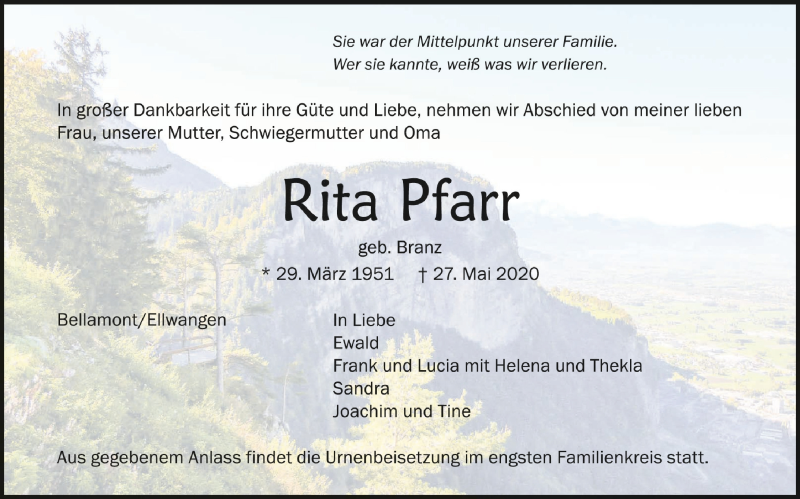  Traueranzeige für Rita Pfarr vom 30.05.2020 aus Schwäbische Zeitung