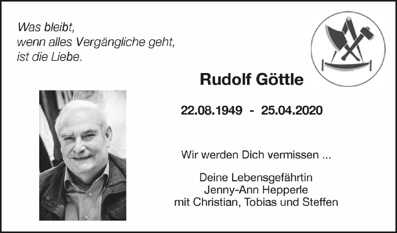  Traueranzeige für Rudolf Göttle vom 02.05.2020 aus Schwäbische Zeitung
