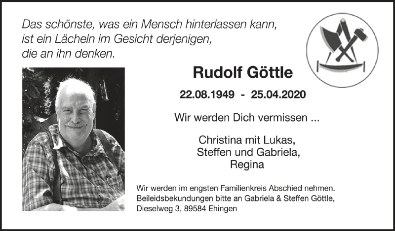  Traueranzeige für Rudolf Göttle vom 02.05.2020 aus Schwäbische Zeitung