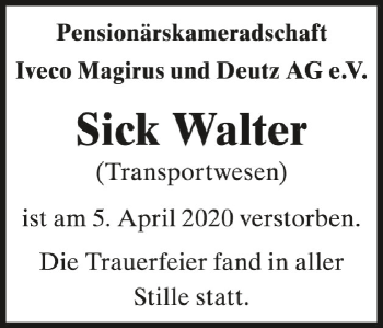 Anzeige von Sick Walter von Schwäbische Zeitung