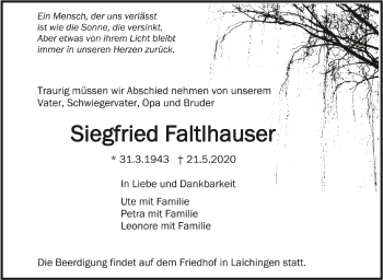 Anzeige von Siegfried Faltlhauser von Schwäbische Zeitung