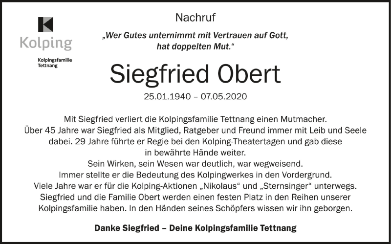  Traueranzeige für Siegfried Obert vom 13.05.2020 aus Schwäbische Zeitung