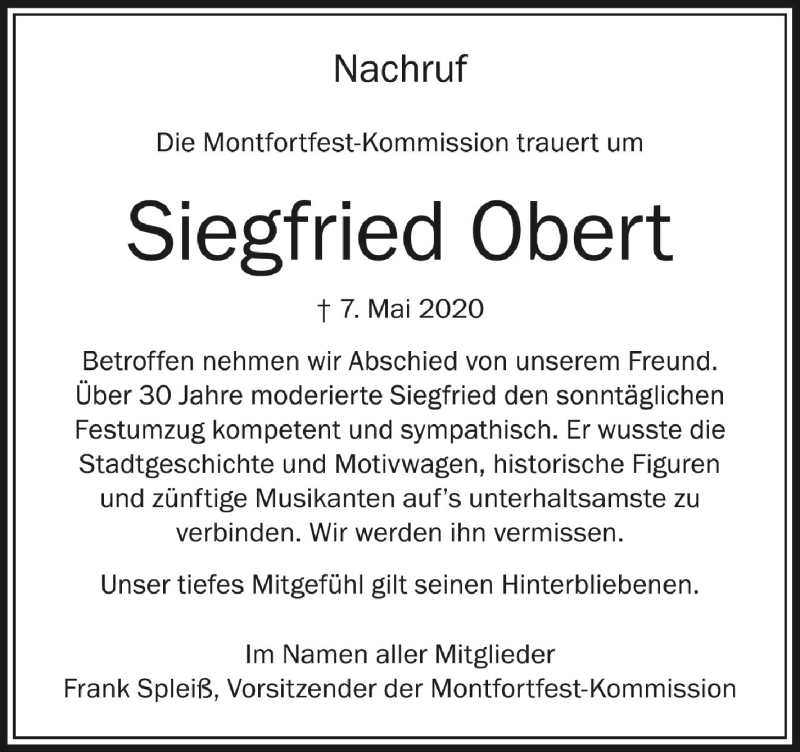  Traueranzeige für Siegfried Obert vom 15.05.2020 aus Schwäbische Zeitung