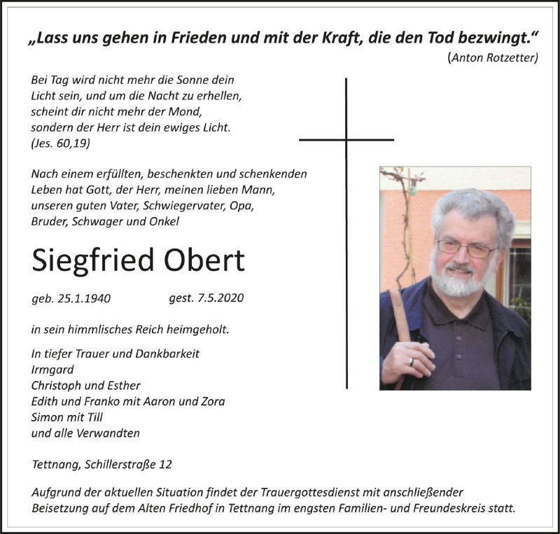  Traueranzeige für Siegfried Obert vom 09.05.2020 aus Schwäbische Zeitung