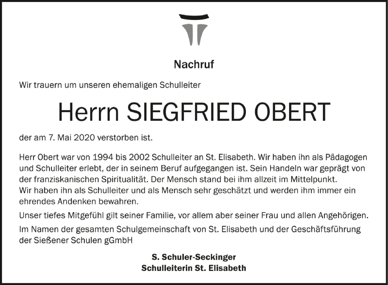  Traueranzeige für Siegfried Obert vom 12.05.2020 aus Schwäbische Zeitung